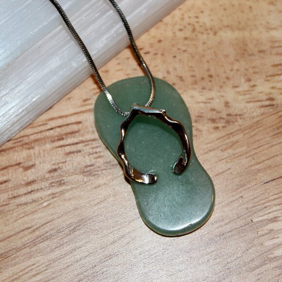 Natural Stone Sandal Flip Flop Beach Pendant Necklace Blue Green Stone - Picture 4 of 4